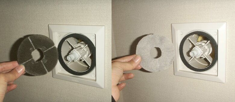 洗う前のフィルター（左）、洗った後のフィルター（提供：株式会社さくら事務所）