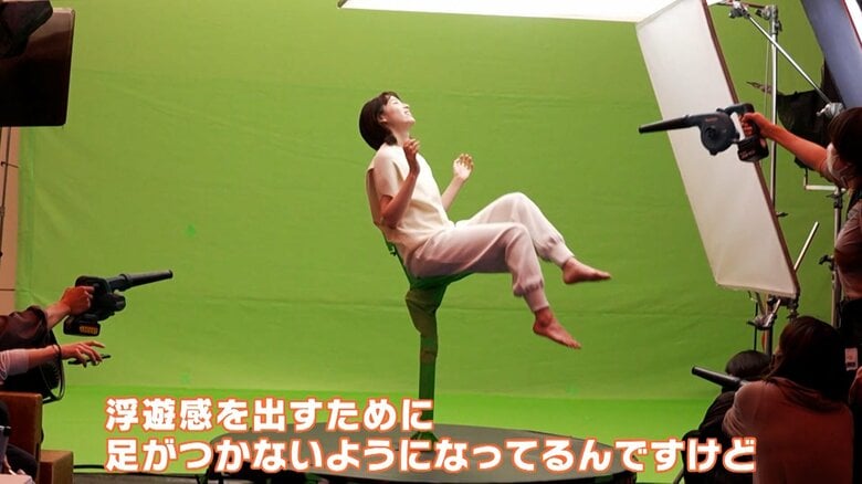 実際の撮影ではこんな体勢。腹筋が…！