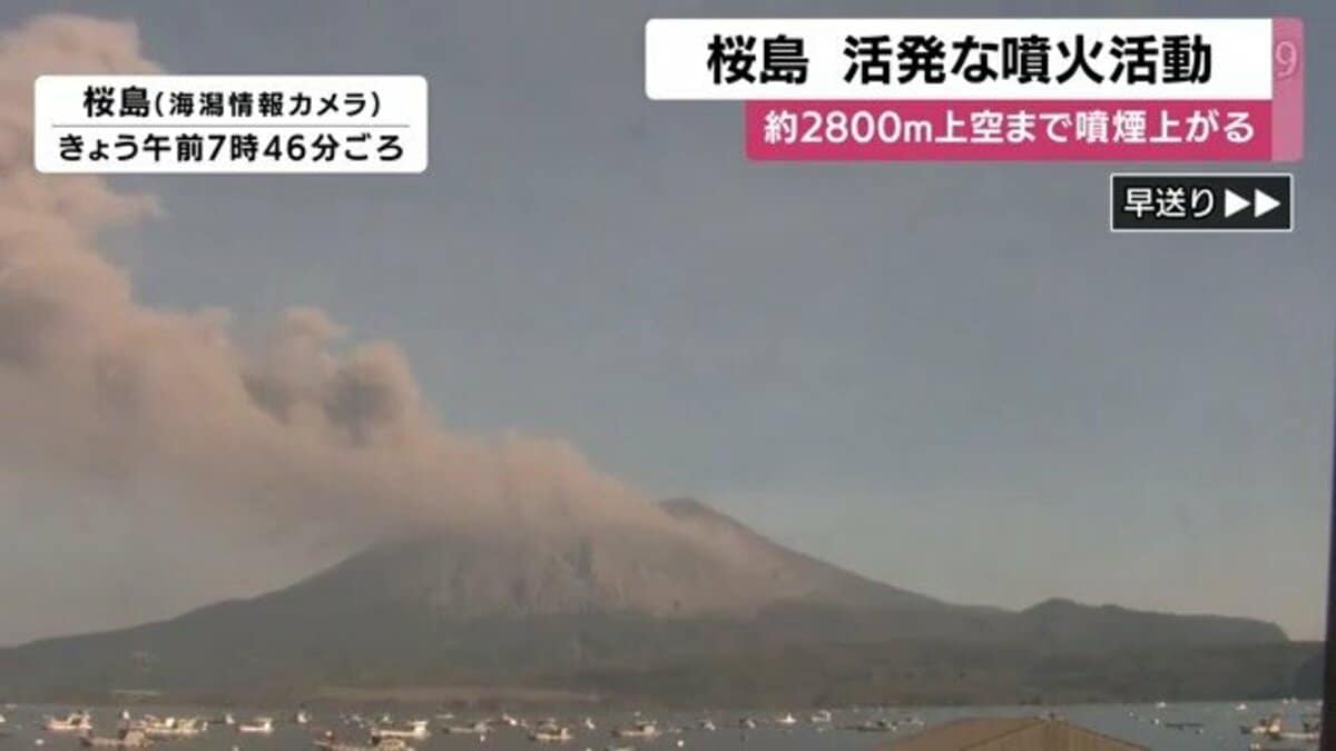 桜島噴火】深夜に50分間継続 噴煙2800mに達す 鹿児島市街地からも視認
