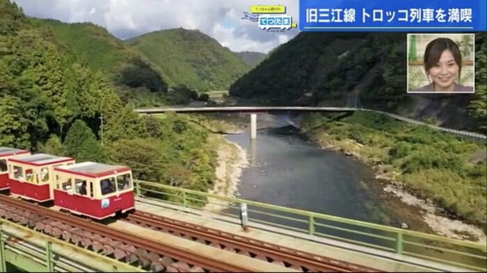 トンネルを抜け、高い鉄橋の上を走るトロッコ列車