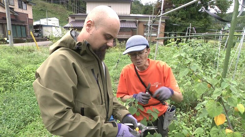 （左から）作業を手伝うアントワーヌ・デ・ヨングさんと鈴木さんの長男・大樹さん