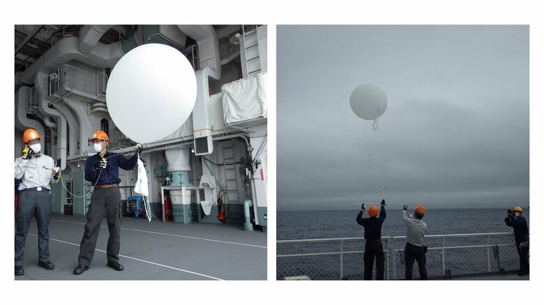 「しらせ」訓練航海でラジオゾンデ観測を行う猪上淳隊員と村上雅則隊員（日本海洋事業・村上祐太郎氏提供）