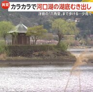 河口湖が湖底むき出し浮島の「六角堂」まで徒歩OK「幻の湖底道」が20年ぶり出現…喜ぶ観光客と頭抱える貸しボート業者　山梨