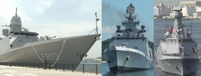 6月来日した蘭海軍「トロンプ」(左)、印海軍「シヴァリク」(中央)、トルコ海軍「クナルアダ」(右)
