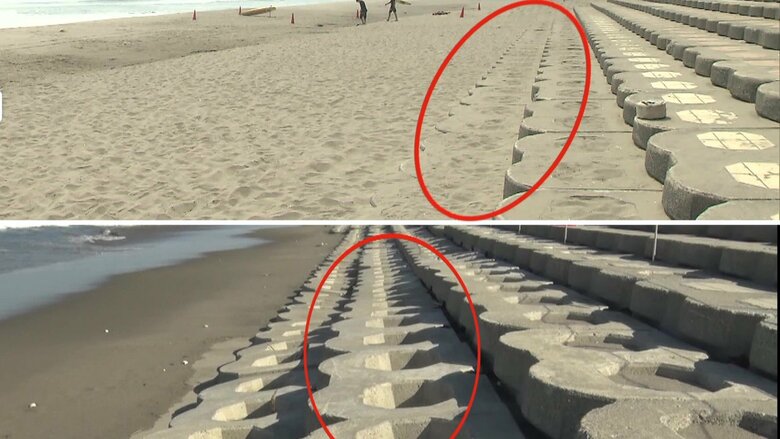 数年前に撮影した画像（上）と比較すると、2024年6月に撮影した画像（下）では砂浜が大きく減少している