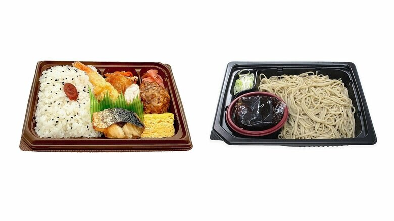 （左）「お好み幕の内」弁当は464円から496円に　（右）「石臼挽き蕎麦粉のコシ　ざるそば」は367円から388円に