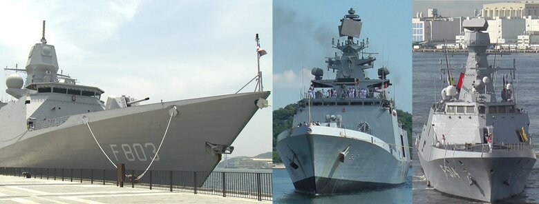 6月来日した蘭海軍「トロンプ」（左）、印海軍「シヴァリク」（中央）、トルコ海軍「クナルアダ」（右）
