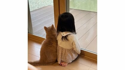 「何このかわいい光景」2歳娘と猫がピッタリと寄り添う後ろ姿が尊い…いつも仲良し？普段の様子を母親に聞いた