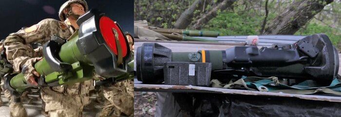 北朝鮮の新型「携行式対戦車兵器(?)」(左)(朝鮮労働新聞・2022年4月26日)、ウクライナで使用されている「NLAW対戦車ミサイル」(右)