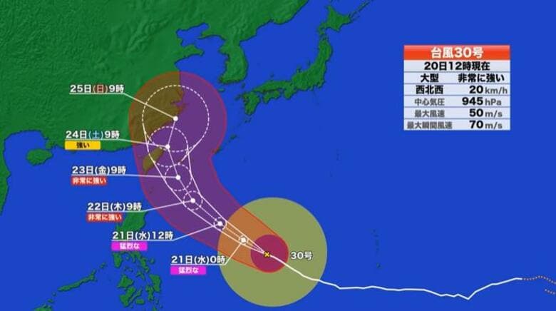 大型で非常に強い台風３０号（チャンパー）さらに勢力を強め21日0時には“猛烈な勢力”へ…22日9時には勢力を少し弱め沖縄の南を進み進路を北よりに変える＜気象庁発表＞｜FNNプライムオンライン