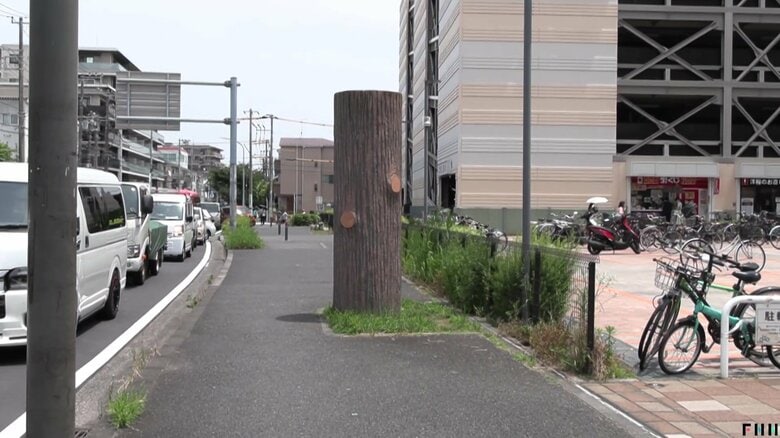 なぜ歩道の真ん中にあるのかは、資料が残っておらず不明の木を模した人工物