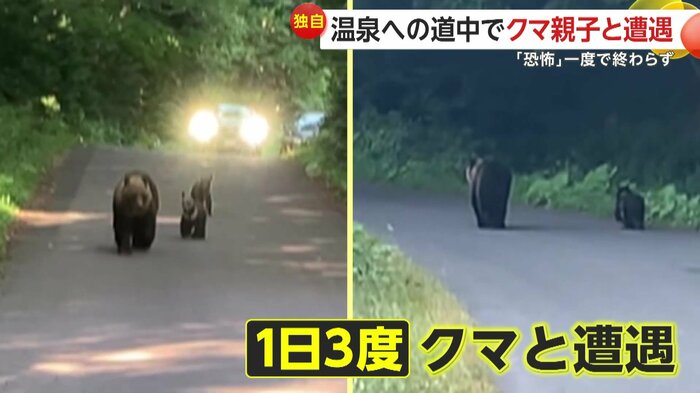 最初に遭遇したクマ(左)と帰路で遭遇したクマ(右)(提供:@genkai_biker)