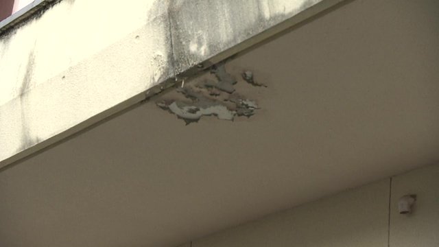 雨水が染みこみ外壁の塗装がはがれる（三河台小学校）