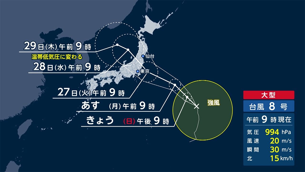 台風8号 南東の海上を北上中 27日 関東 東北に接近 Fnnプライムオンライン Goo ニュース