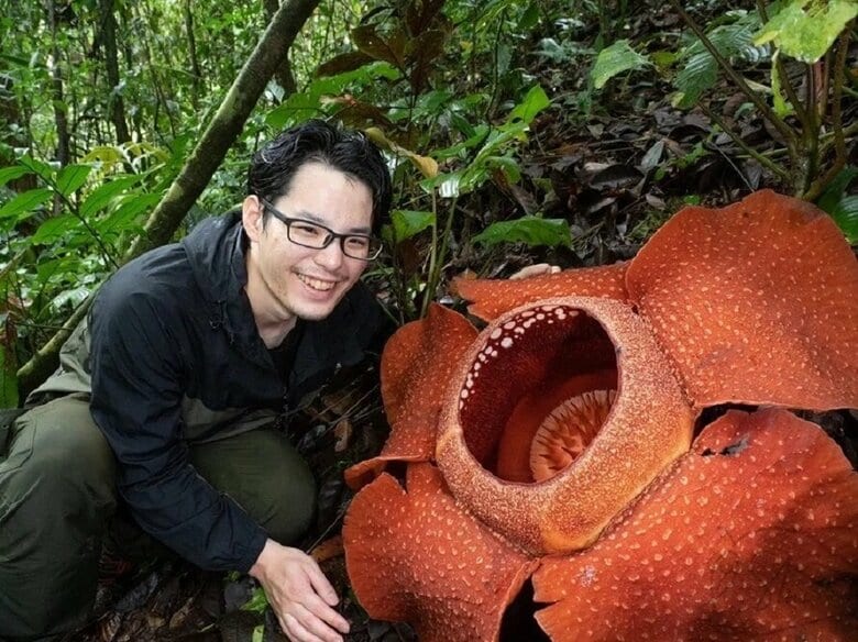 開花1日目のラフレシアと柳澤さん（提供：柳澤静磨さん）