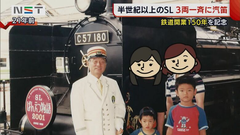 21年前　C57 180号機と記念撮影する佐藤記者（右）