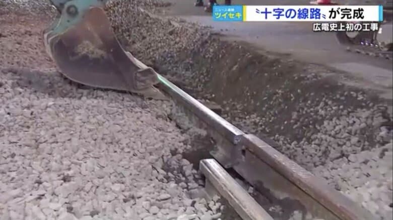 重機でレールを持ち上げ、微調整を繰り返す