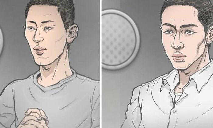 酒井佑太被告(左)須江拓貴被告(右)(イラスト:石井克昌)