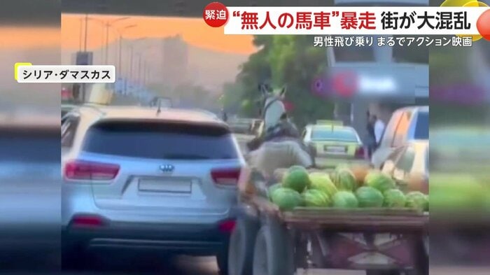 車に追突しながらも暴走を続ける馬車(IHA)
