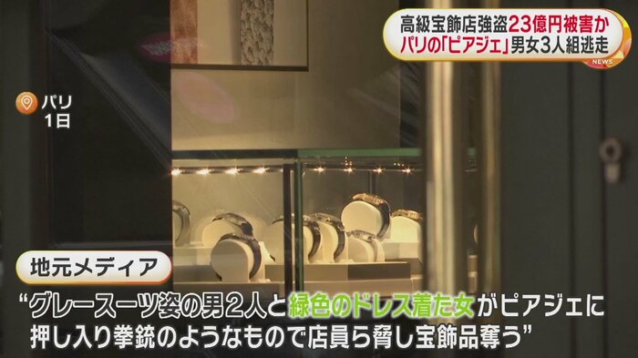 男2人と女が押し入り、拳銃のようなもので店員らを脅して宝飾品を奪っていたという