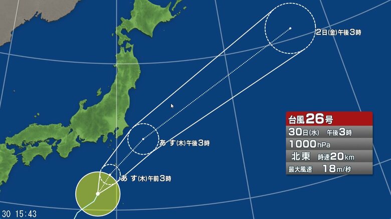 【台風情報】台風26号の進路予想 30日夜から1日明け方にかけ伊豆諸島にかなり接近する見込み 関東への影響は沿岸部が中心となる見込み 土砂災害に十分注意 |FNNプライムオンライン