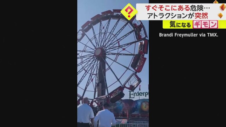 突然、風で大きく揺れだした。一回転しそうな勢いのものも。人が乗っているものもかなり揺れている