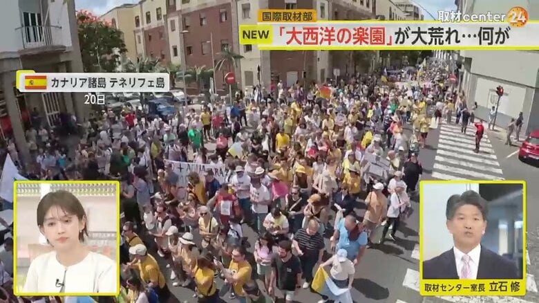 抗議活動に参加する人で埋め尽くされたカナリア諸島・テネリフェ島の道路