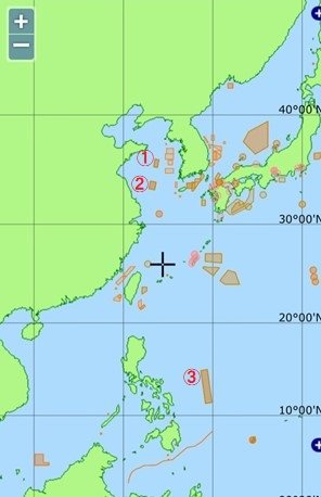 北朝鮮が通知した衛星発射の危険水域（海上保安庁・11月21日）①第一段着水推定エリア、②第二段着水推定エリア、③第三段着水推定エリア