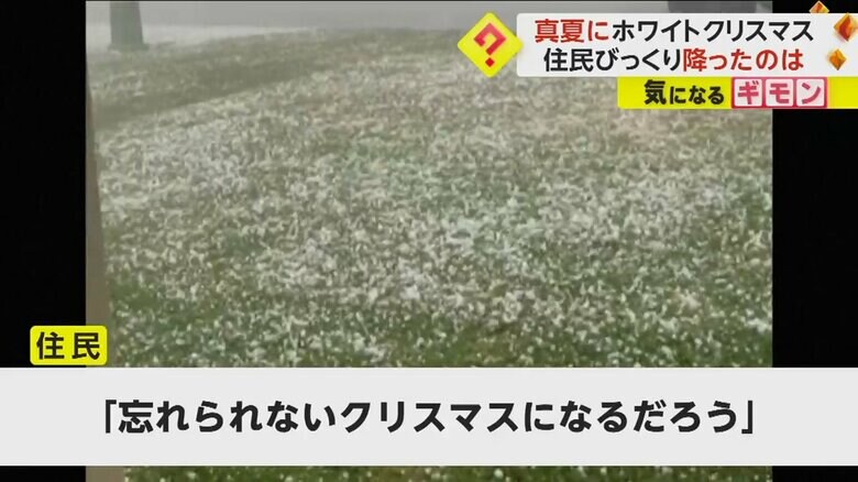 緑の芝の上に真っ白なひょうが積もっている