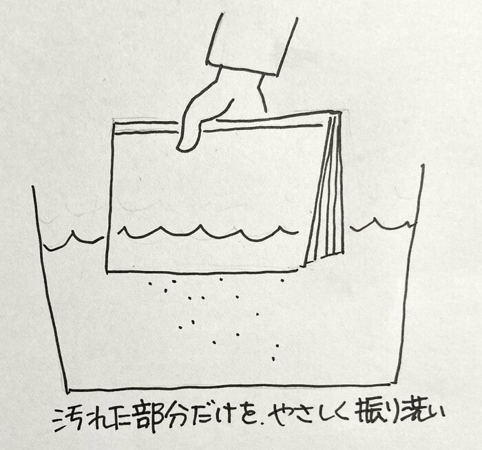 汚れた部分を漂白剤を入れた水に浸けて振り洗いする(画像提供:大栗紙工)