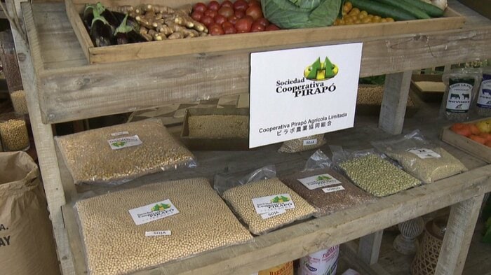物産展で展示された日系人が手がける野菜や大豆