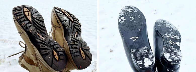 左は好ましい靴底、右は滑りやすく危険な靴底