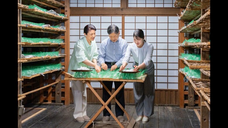 両陛下と愛子さまは、和やかな雰囲気で、御養蚕に臨まれた（宮内庁提供）