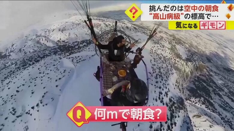 上空で朝食をとる2人の様子