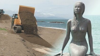 “消えた砂浜”…海開きに間に合うか！？約4000トンの砂で復元へ！海水浴場のシンボル“人魚像”も仮設【新潟発】