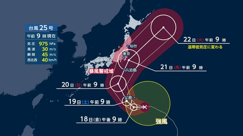 【台風情報】台風25号は日曜から月曜に関東最接近へ　千葉で警報級の暴風の可能性　連休後半は行楽日和の地域も