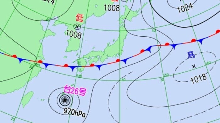 天気図　9月27日午後9時の予想　気象庁HPより
