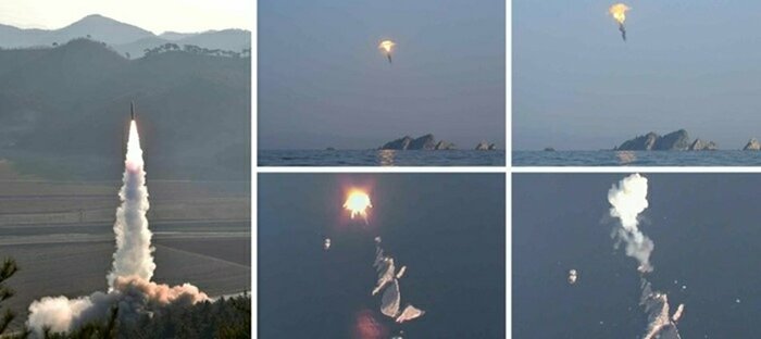 標的の高度500mで爆発した2発の“戦術地対地弾道ミサイル”(労働新聞・3月28日付)