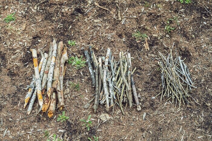 拾ってきた薪代わりの枝は、太さごとに分別しておくと着火の際、使いやすい（『焚き火の教科書』より）