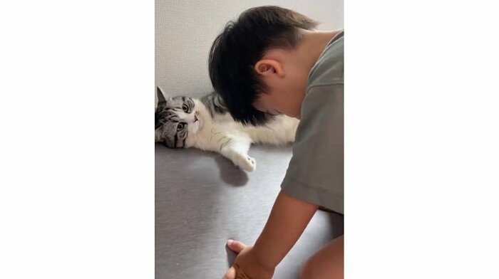頭を差し出すムチくんと、その頭をポンポンするふにちゃん