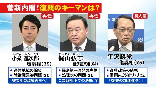 福島の復興に取り組む主要ポストの顔ぶれ 菅新内閣の閣僚を整理