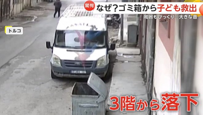 子どもが3階からゴミ箱の中に転落する瞬間（トルコ）⑦