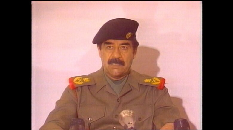 テレビで演説する当時のフセイン・イラク大統領（1991年2月）