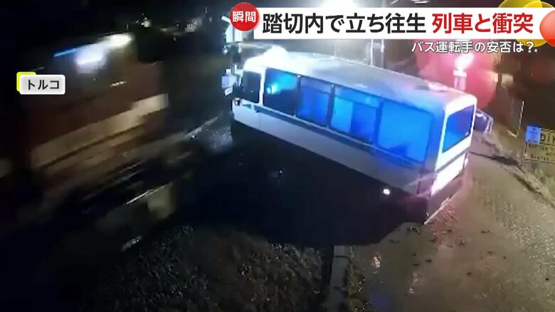 列車と小型バスが踏切内で衝突する瞬間（トルコ）①