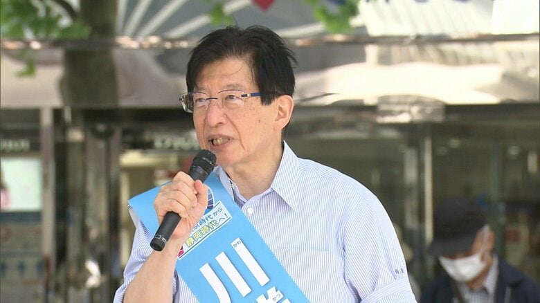 選挙戦で声を張り上げる川勝知事（2021年6月）