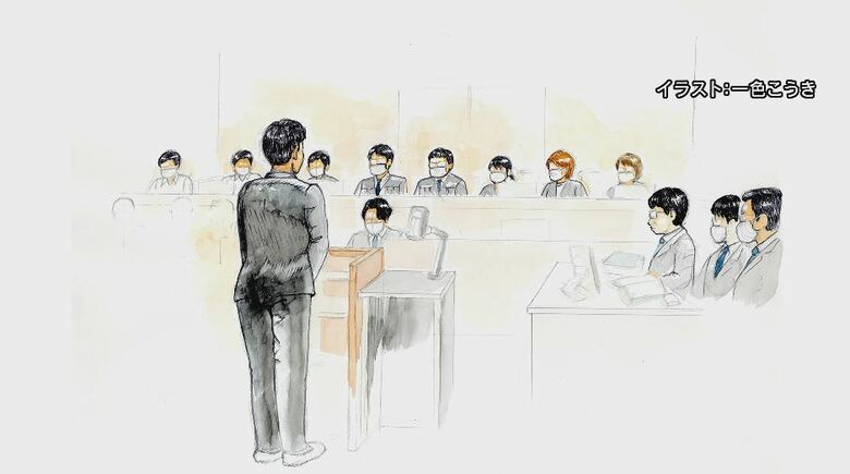 一審の廷内スケッチ（イラスト：一色こうき）