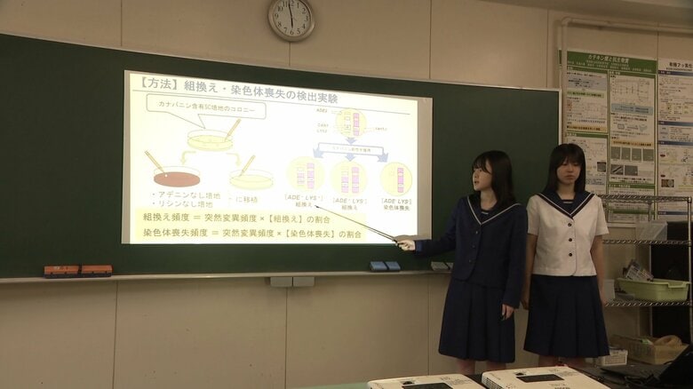 研究発表の練習をする3年生の佐藤菜々子さん（左）と目黒ことみさん（右）