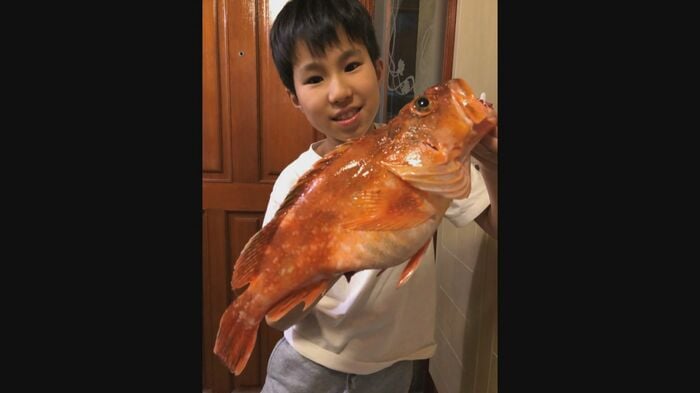 笑顔で魚を持ち上げる幼少の頃の波音くん