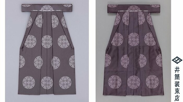 左:一級(紫の袴、白色の文様入り) 右:二級上(紫の袴、紫色の文様入り) 提供:井筒装束店