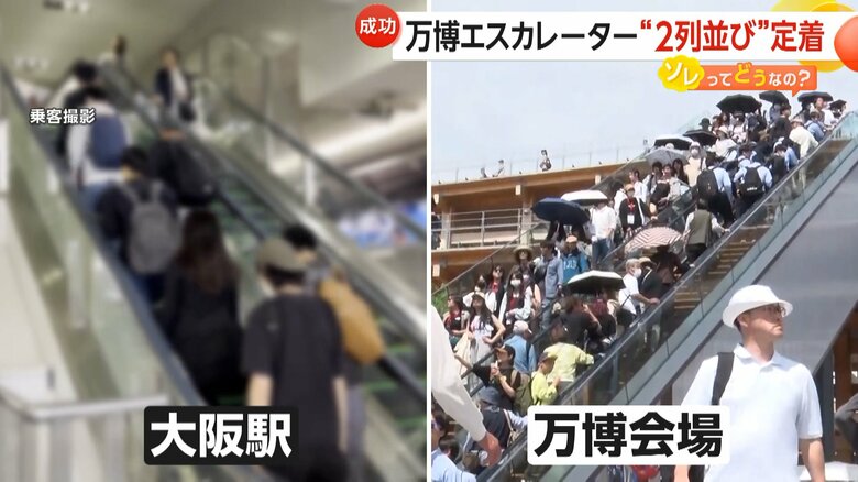 【なぜ？】万博エスカレーター「2列並び」が定着…LED誘導で片側空け防ぐ仕組みも　呼びかけや条例化で片側空け防止進む地域も｜FNNプライムオンライン